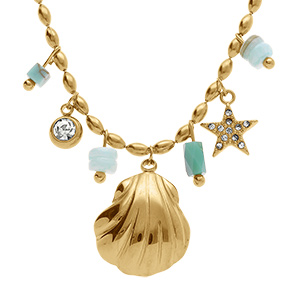 Collier en acier dor� pampilles coquillage, oxyde blanc serti clos et etoile orn�e d'oxydes - 41cm+5cm