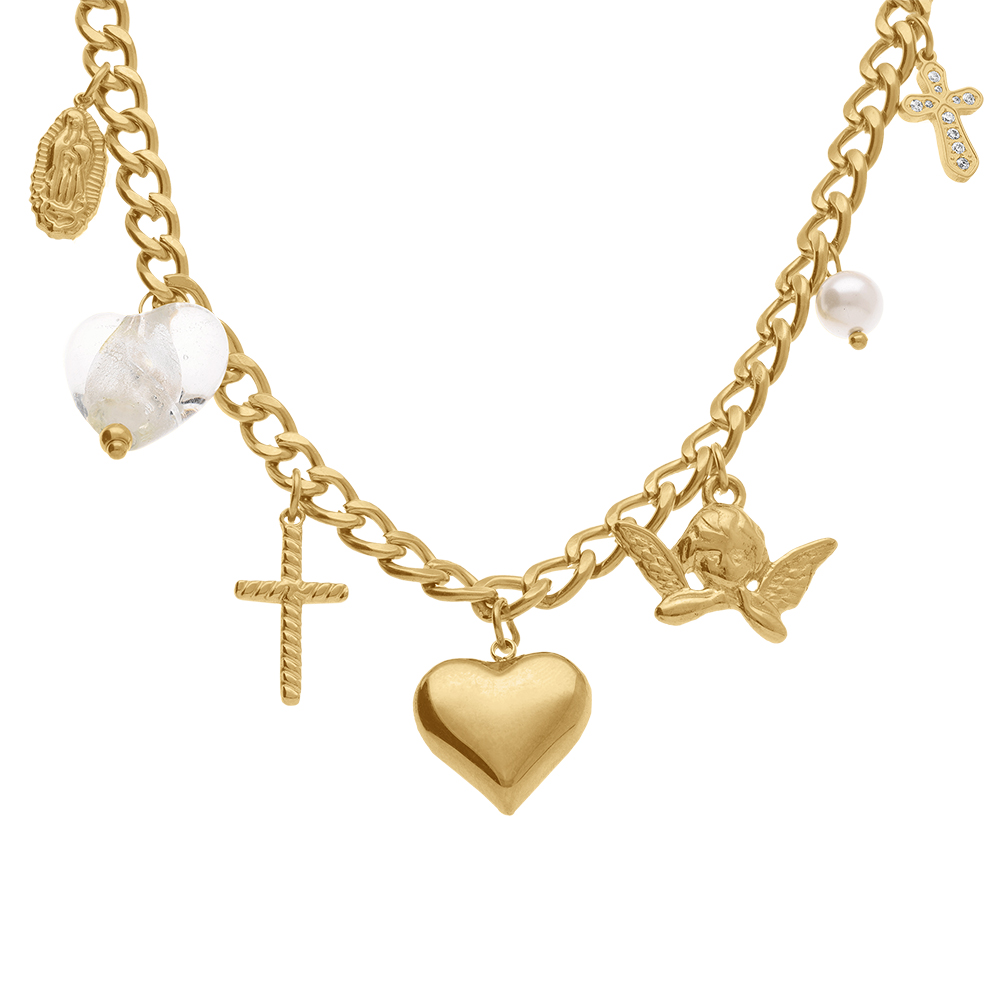 Collier en acier dor� pampilles, croix, coeur, ange, vierge, perle - 41+5cm - Vue 1