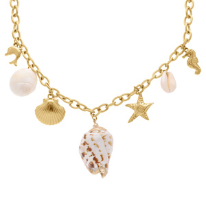 Collier en acier doré pampilles theme mer et coquillages - 42+5cm - Vue 1