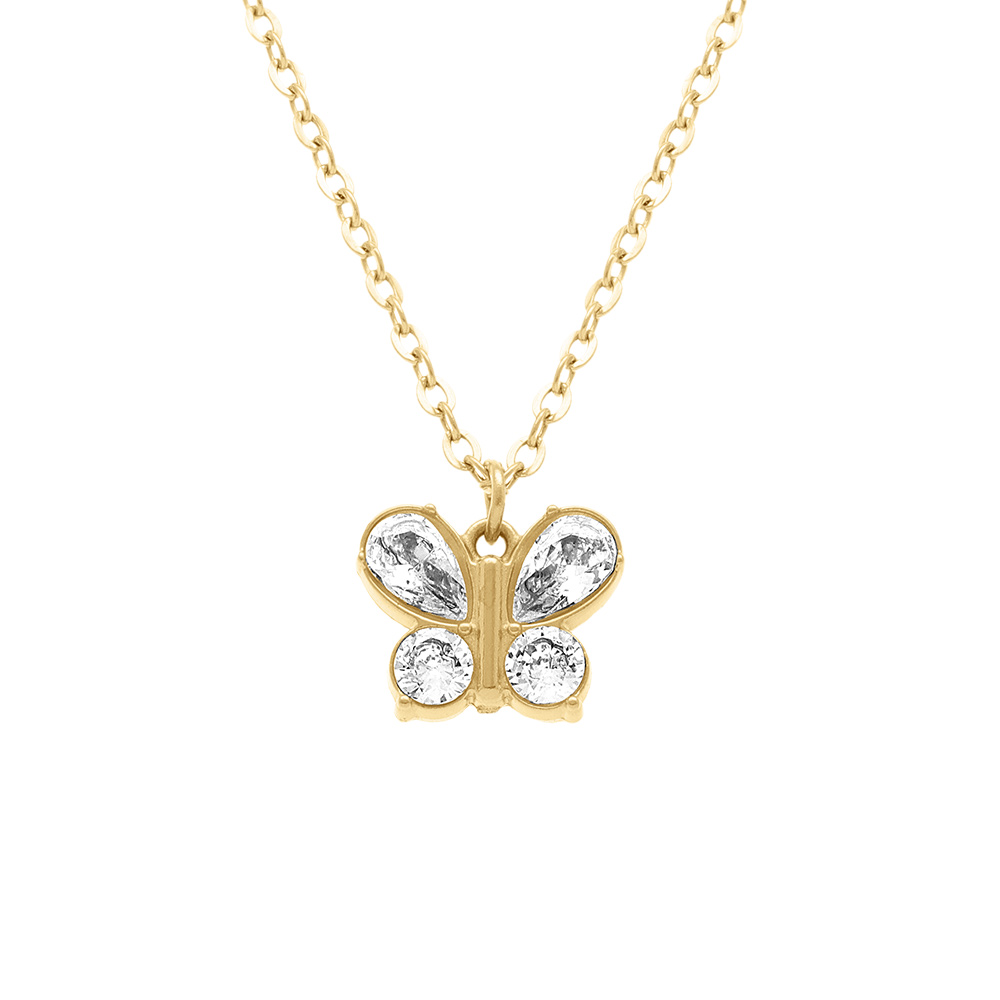 Collier en acier dor� papillon avec oxydes blancs  - 40+5cm - Vue 1