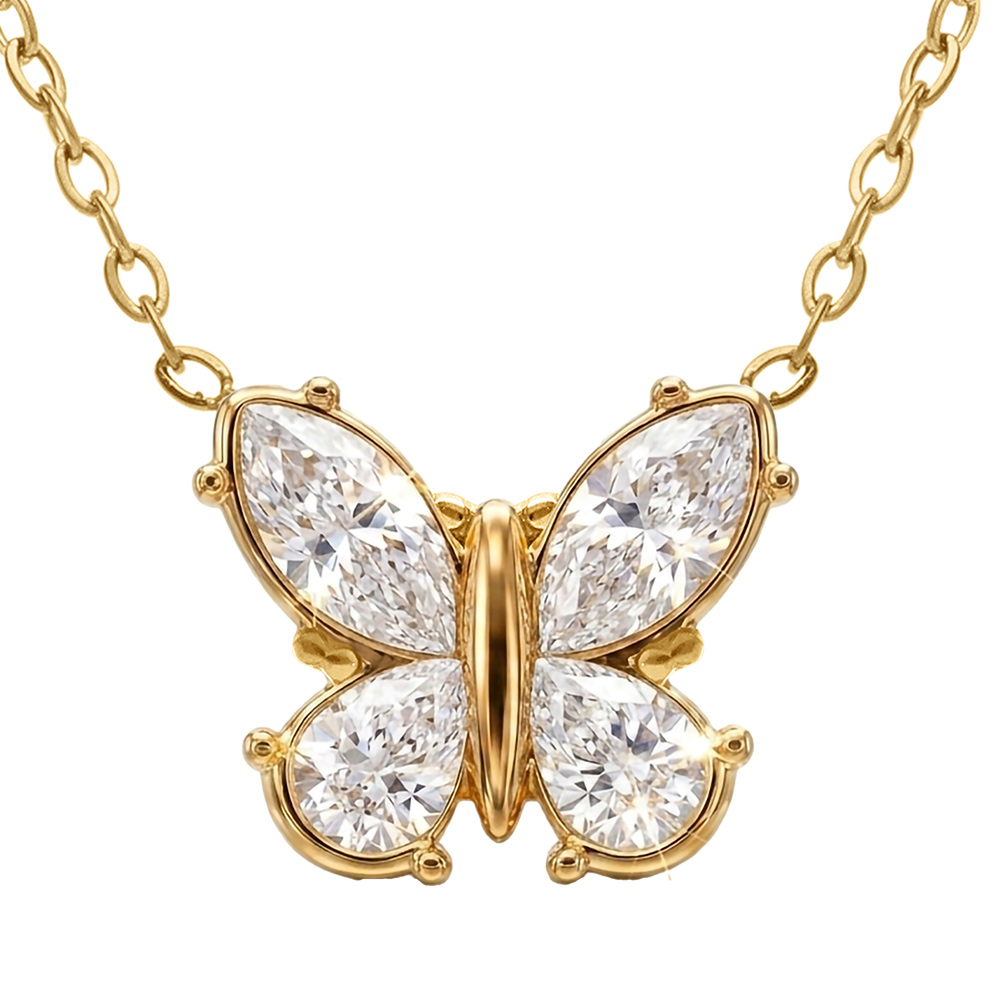 Collier en  acier dor� papillon avec oxydes blancs sertis - 45+5cm - Vue 1