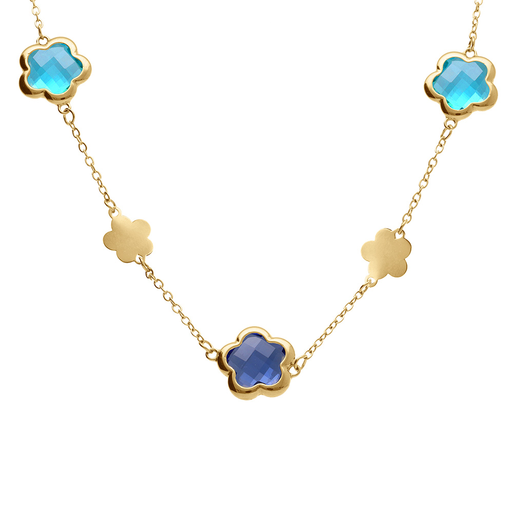 Collier en acier dor� pastilles fleur et oxydes forme fleur bleu clair - 40+5cm - Vue 1