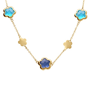 Collier en acier dor� pastilles fleur et oxydes forme fleur bleu clair - 40+5cm
