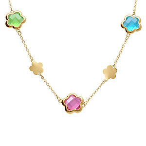 Collier en acier dor� pastilles fleur et oxydes forme fleur multi couleur - 40+5cm