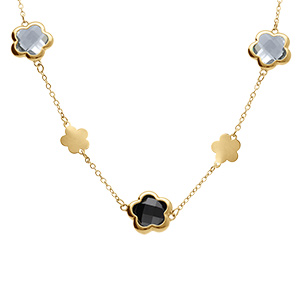 Collier en acier dor� pastilles fleur et oxydes forme fleur noirs et blancs - 40+5cm