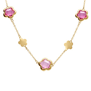Collier en acier dor� pastilles fleur et oxydes forme fleur rose clair - 40+5cm