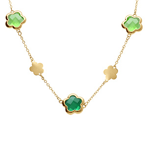 Collier en acier dor� pastilles fleur et oxydes forme fleur vert clair  - 40+5cm