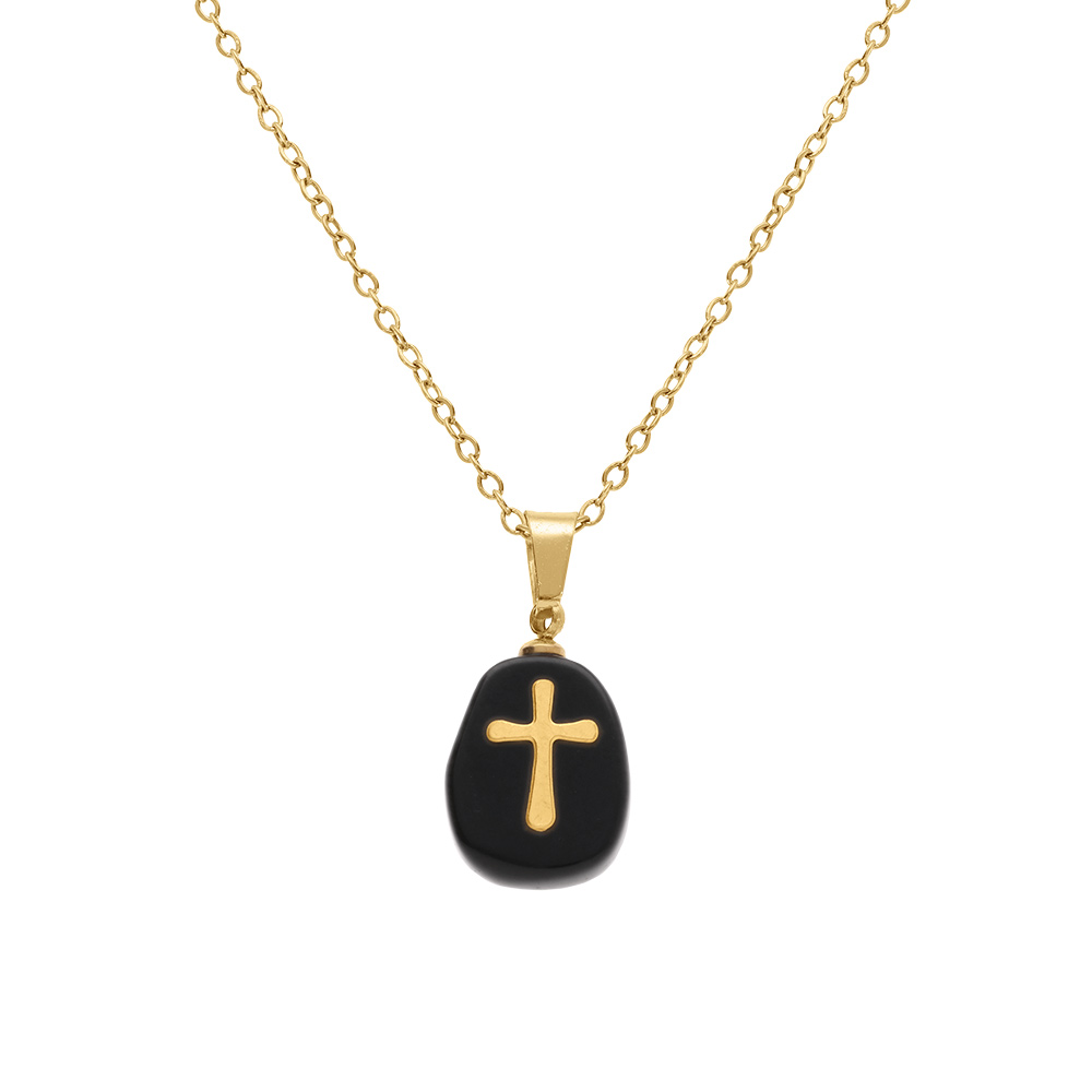Collier en acier dor� pendentif agate noire v�ritable avec motif croix,  40+6cm - Vue 1