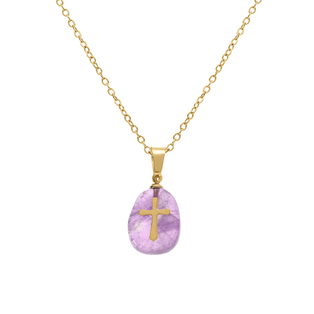 Collier en acier dor� pendentif am�thyste v�ritable avec motif croix,  40+6cm - Vue 1