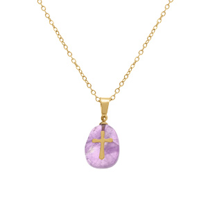 Collier en acier doré pendentif améthyste véritable avec motif croix, 40+6cm - Vue 1