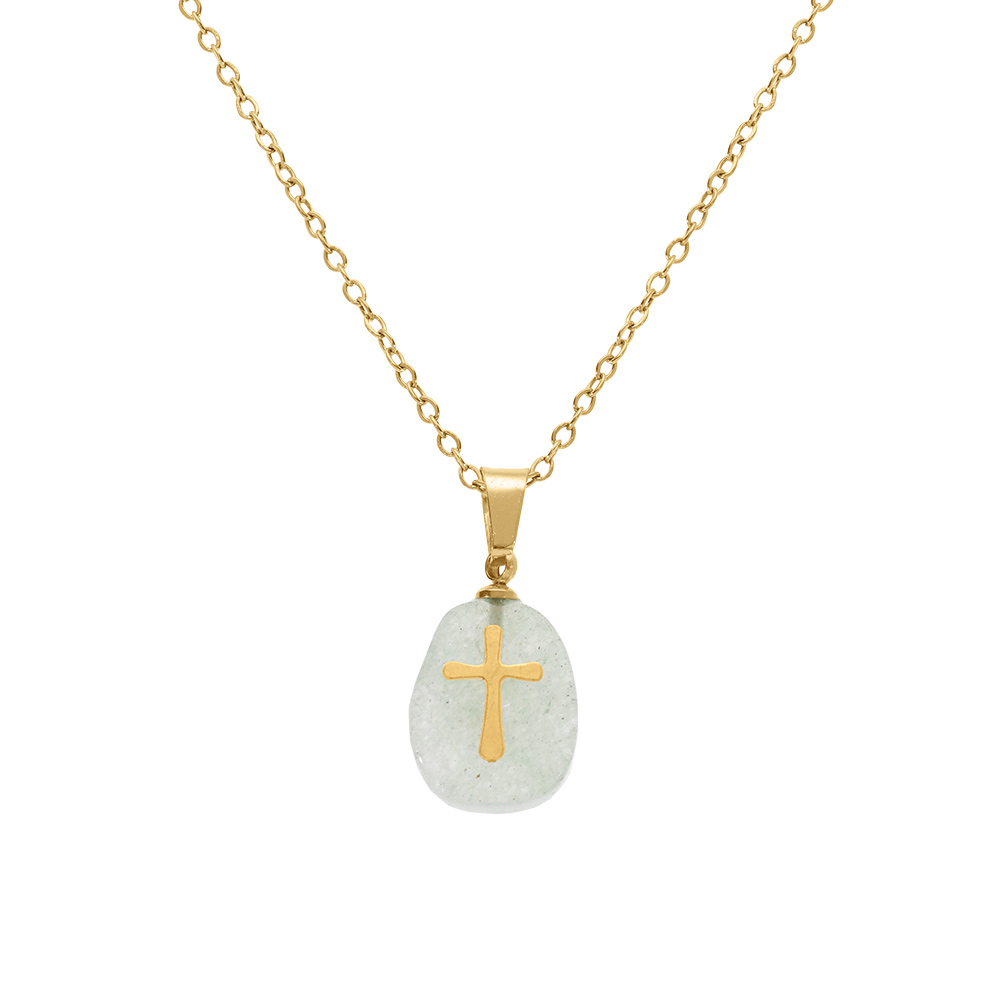 Collier en acier dor� pendentif aventurine v�ritable avec motif croix,  40+6cm - Vue 1
