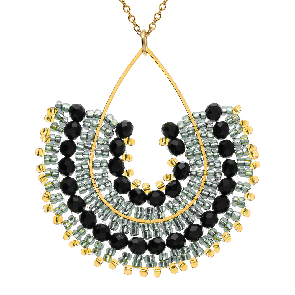 Collier en acier dor� pendentif boh�me avec perles noires , turquoises et dor�es - 42+10cm - Vue 1