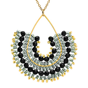 Collier en acier dor� pendentif boh�me avec perles noires , turquoises et dor�es - 42+10cm