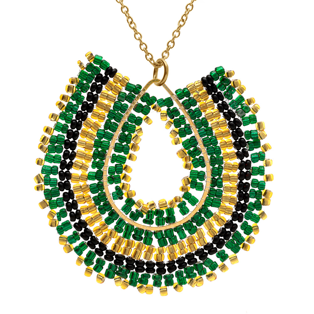 Collier en acier dor� pendentif boh�me avec perles vertes noires et do�es - 42+10cm - Vue 1