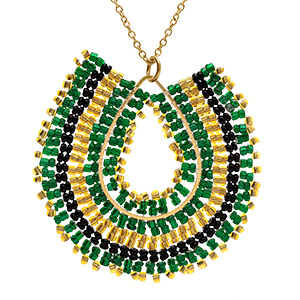 Collier en acier dor� pendentif boh�me avec perles vertes noires et do�es - 42+10cm
