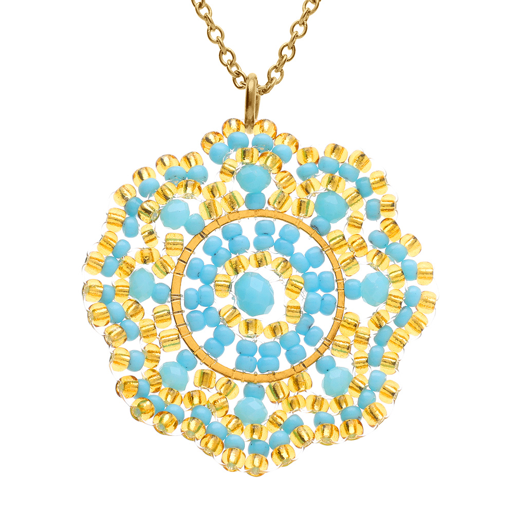 Collier en acier dor� pendentif boh�me couleur turquoise et dor�e - 42+10cm - Vue 1