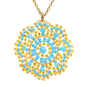 Collier en acier dor� pendentif boh�me couleur turquoise et dor�e - 42+10cm