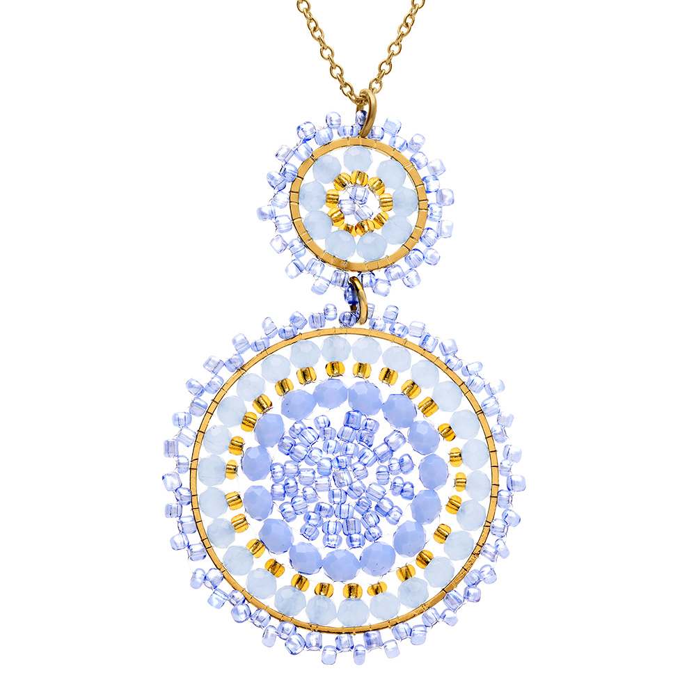 Collier en acier dor� pendentif boh�me deux ronds couleur turquoise - 42+10cm - Vue 1