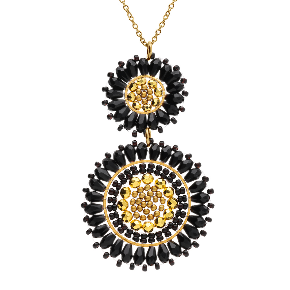 Collier en acier dor� pendentif boh�me deux ronds perles bleu marine et dor�es - 42+10cm - Vue 1