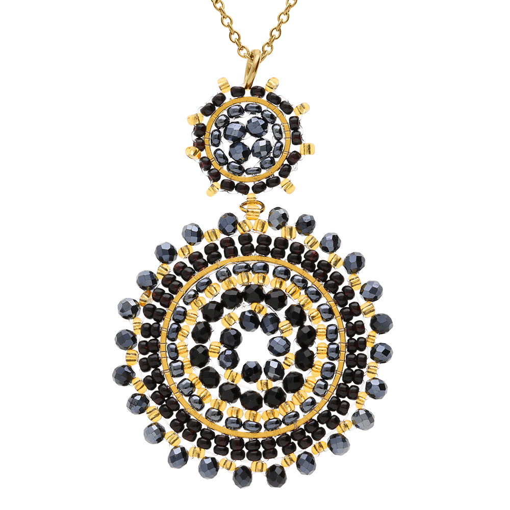 Collier en acier dor� pendentif boh�me deux ronds perles bleues et dor�es - 42+10cm - Vue 1