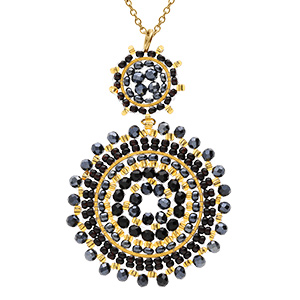 Collier en acier dor� pendentif boh�me deux ronds perles bleues et dor�es - 42+10cm