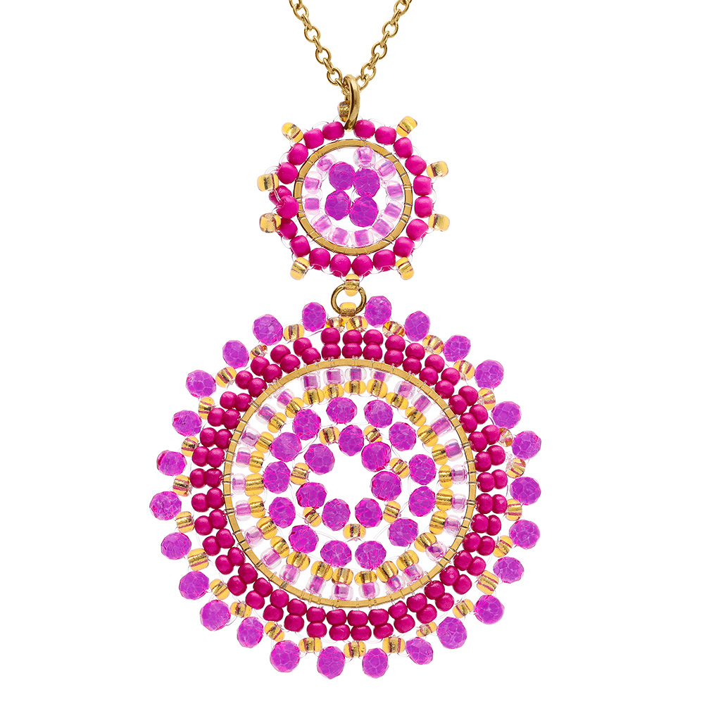 Collier en acier dor� pendentif boh�me deux ronds perles roses et violine -  42+10cm - Vue 1