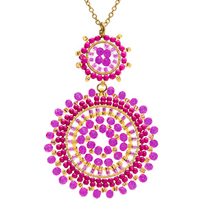 Collier en acier dor� pendentif boh�me deux ronds perles roses et violine -  42+10cm