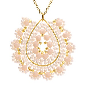 Collier en acier dor� pendentif boh�me forme goutte couleur nacr� - 42+10cm