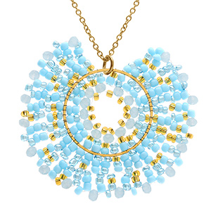 Collier en acier dor� pendentif boh�me rond perlesturquoises - 42+10cm