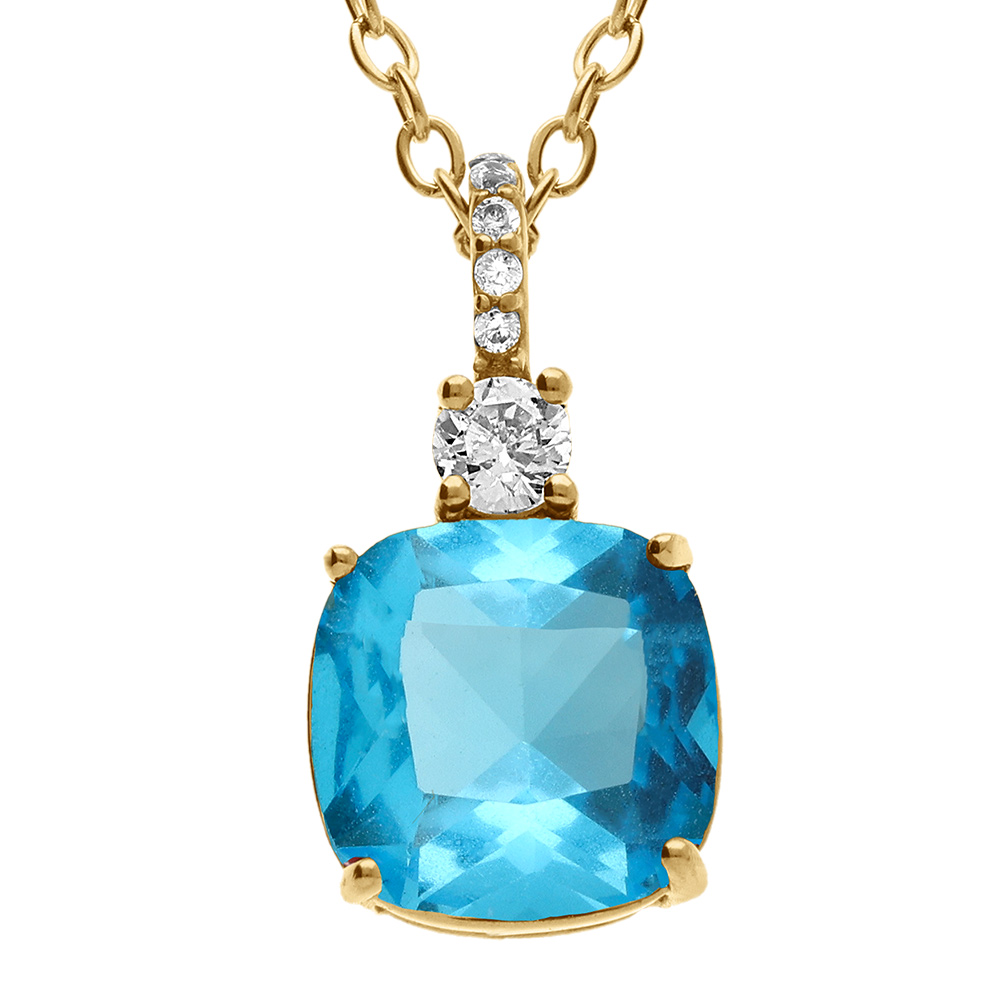 Collier en acier dor� pendentif carr� bleu ciel - 47+5cm - Vue 1