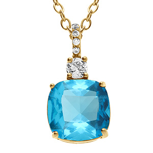 Collier en acier dor� pendentif carr� bleu ciel - 47+5cm