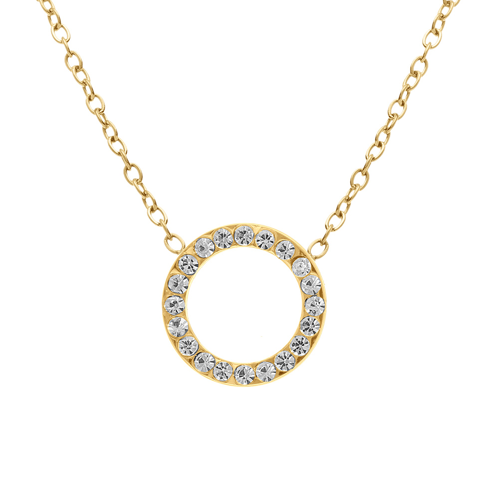 Collier en acier dor� pendentif cercle �vid� 15mm avec contour d\'oxydes blancs  - 40+5cm - Vue 1