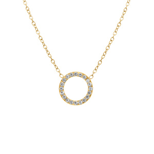 Collier en acier doré pendentif cercle évidé 15mm avec contour d\'oxydes blancs - 40+5cm - Vue 1