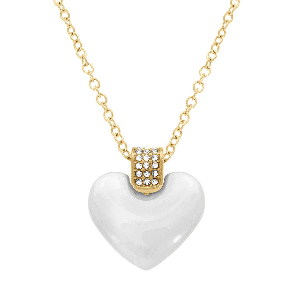 Collier en acier dor� pendentif coeur bomb� c�ramique blanche - 43.5+5cm - Vue 1