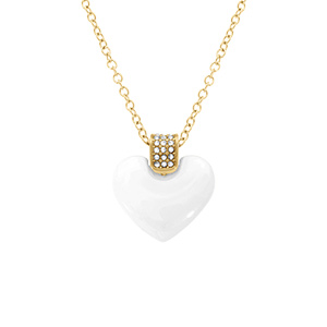 Collier en acier dor pendentif coeur bomb cramique blanche - 43.5+5cm - Vue 1
