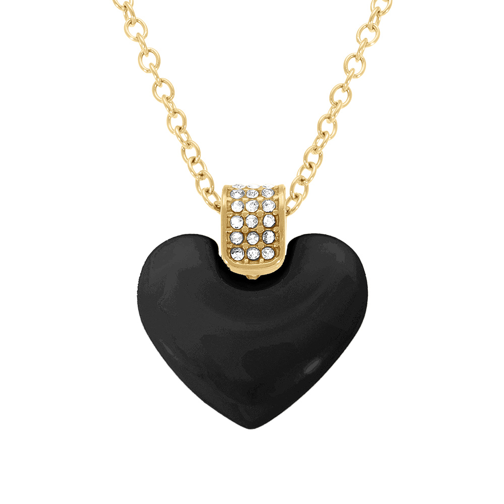 Collier en acier dor� pendentif coeur bomb� c�ramique noire et b�liere orn�e d\'oxydes blancs- 43.5+5cm - Vue 1