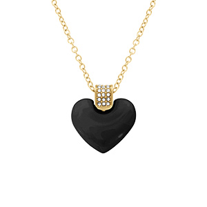 Collier en acier dor pendentif coeur bomb cramique noire et bliere orne d'oxydes blancs- 43.5+5cm