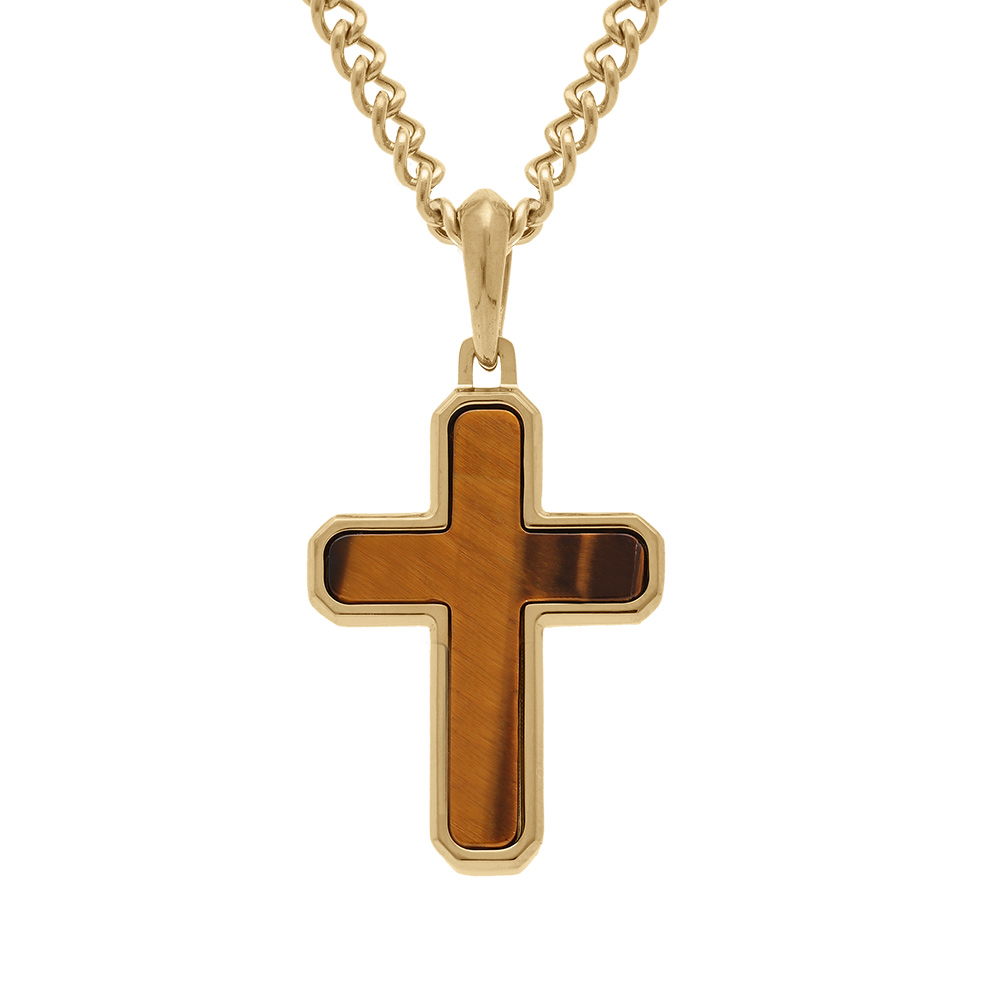 Collier en acier dor� pendentif croix 30x20mm marron  - 50+10cm - Vue 1