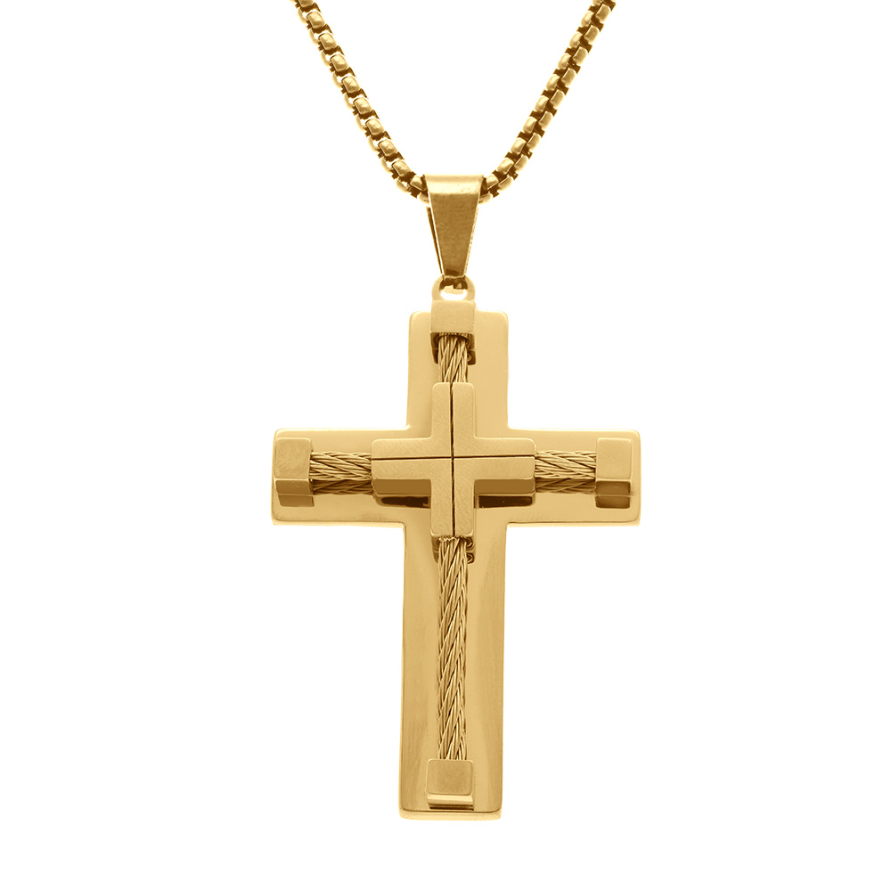 Collier en acier dor� pendentif croix 55x40mm avec c�ble noir  - 55+10cm - Vue 1