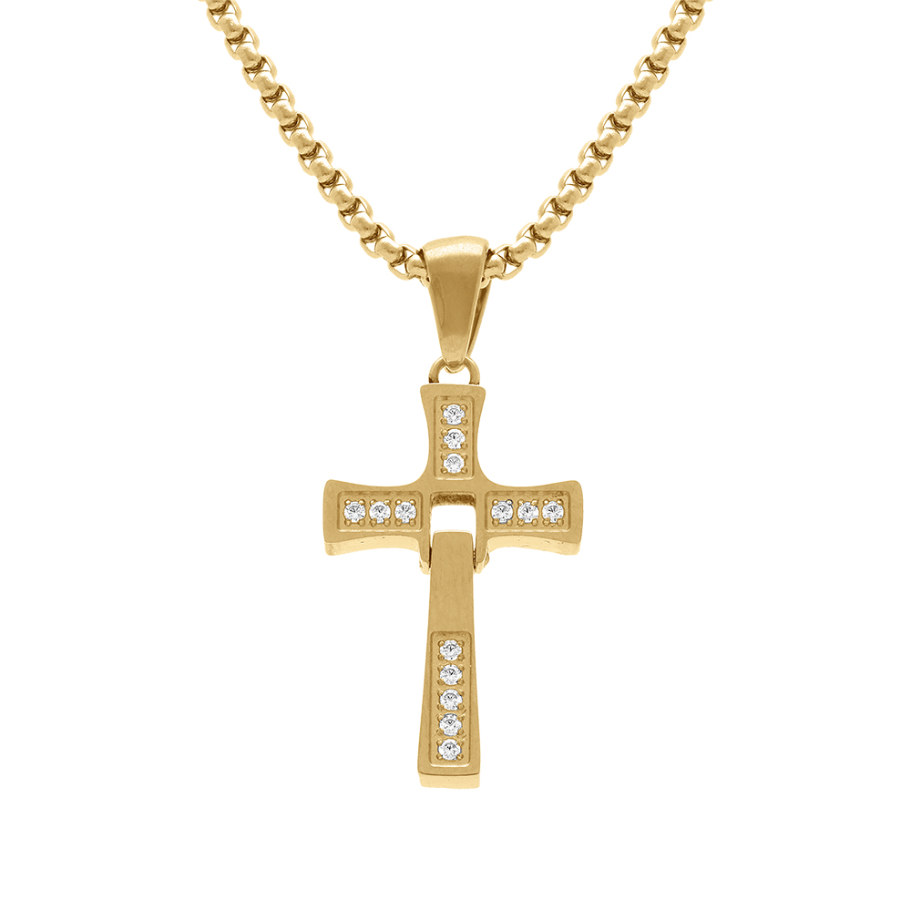 Collier en acier dor� pendentif croix articul�e 20 x 14mm avec oxydes blancs - 45+10cm - Vue 1