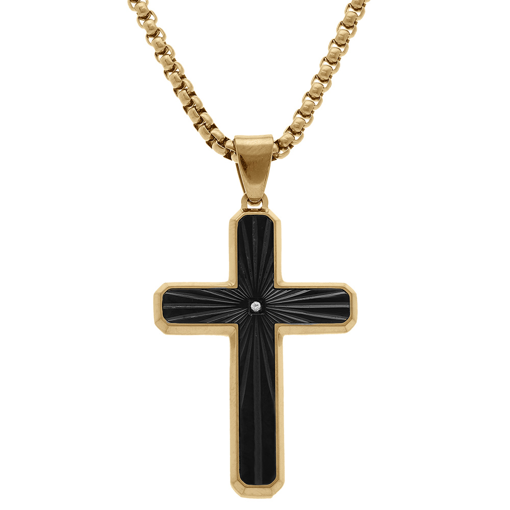 Collier en acier dor� pendentif croix stri�e 38x26mm PVD noir avec oxyde blanc  - 50+10cm - Vue 1
