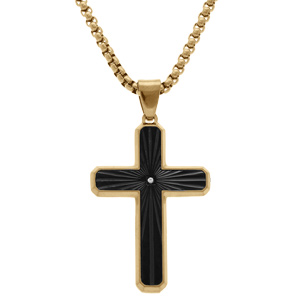 Collier en acier doré pendentif croix striée 38x26mm PVD noir avec oxyde blanc - 50+10cm - Vue 1