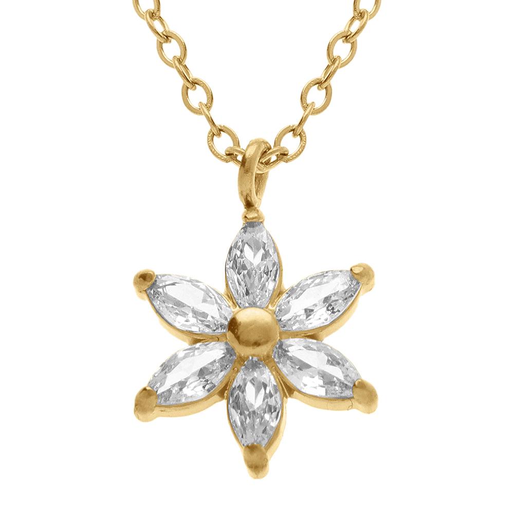 Collier en acier dor� pendentif fleur avec oxydes blancs - 42+5cm - Vue 1