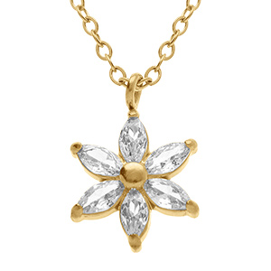 Collier en acier dor� pendentif fleur avec oxydes blancs - 42+5cm
