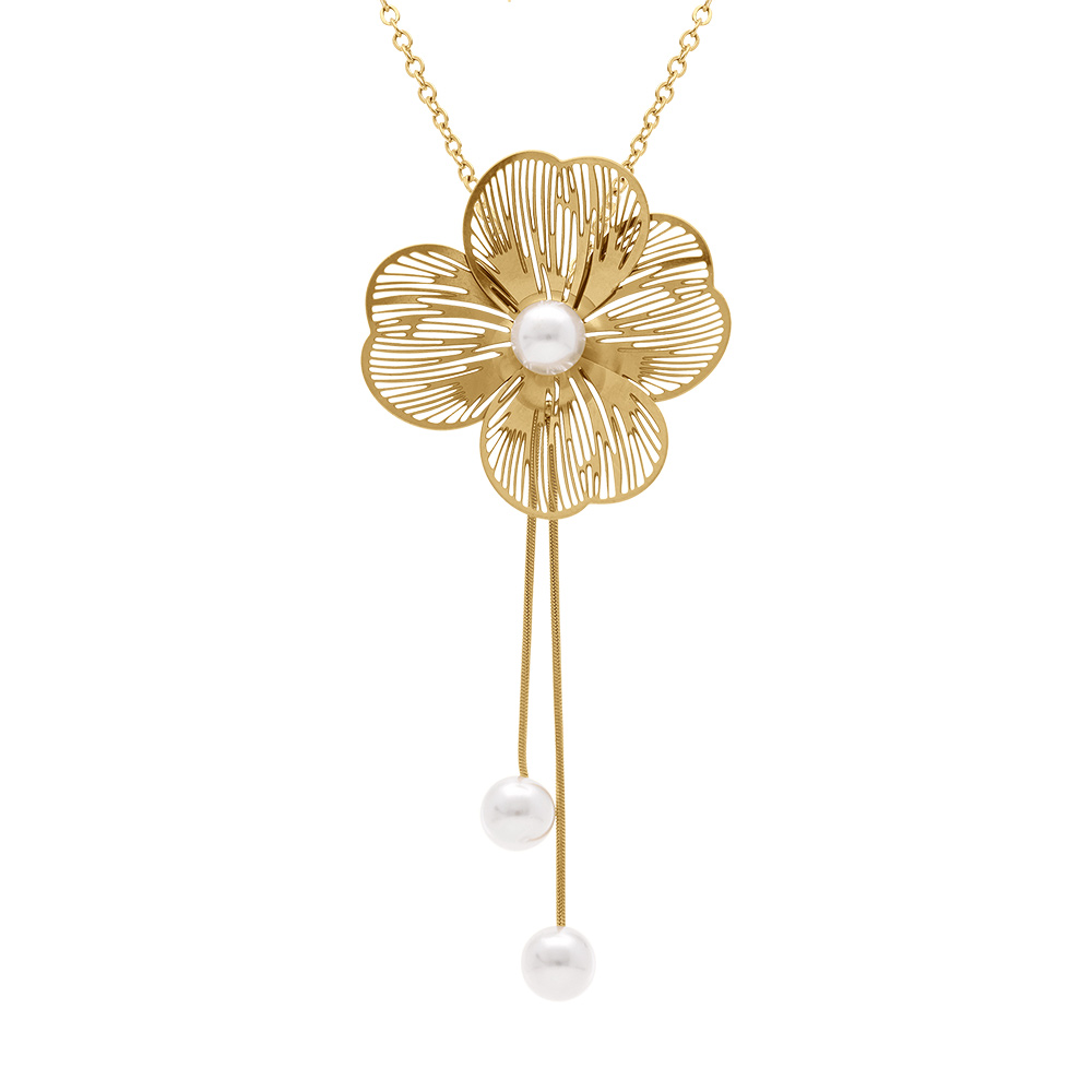 Collier en acier dor� pendentif fleur et perles blanches imitation pendant trois fils - 45+5cm - Vue 1