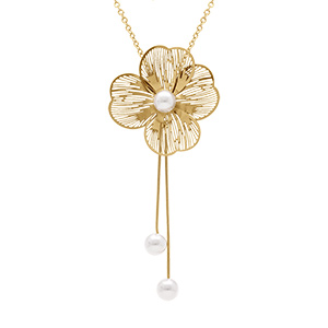 Collier en acier dor� pendentif fleur et perles blanches imitation pendant trois fils - 45+5cm