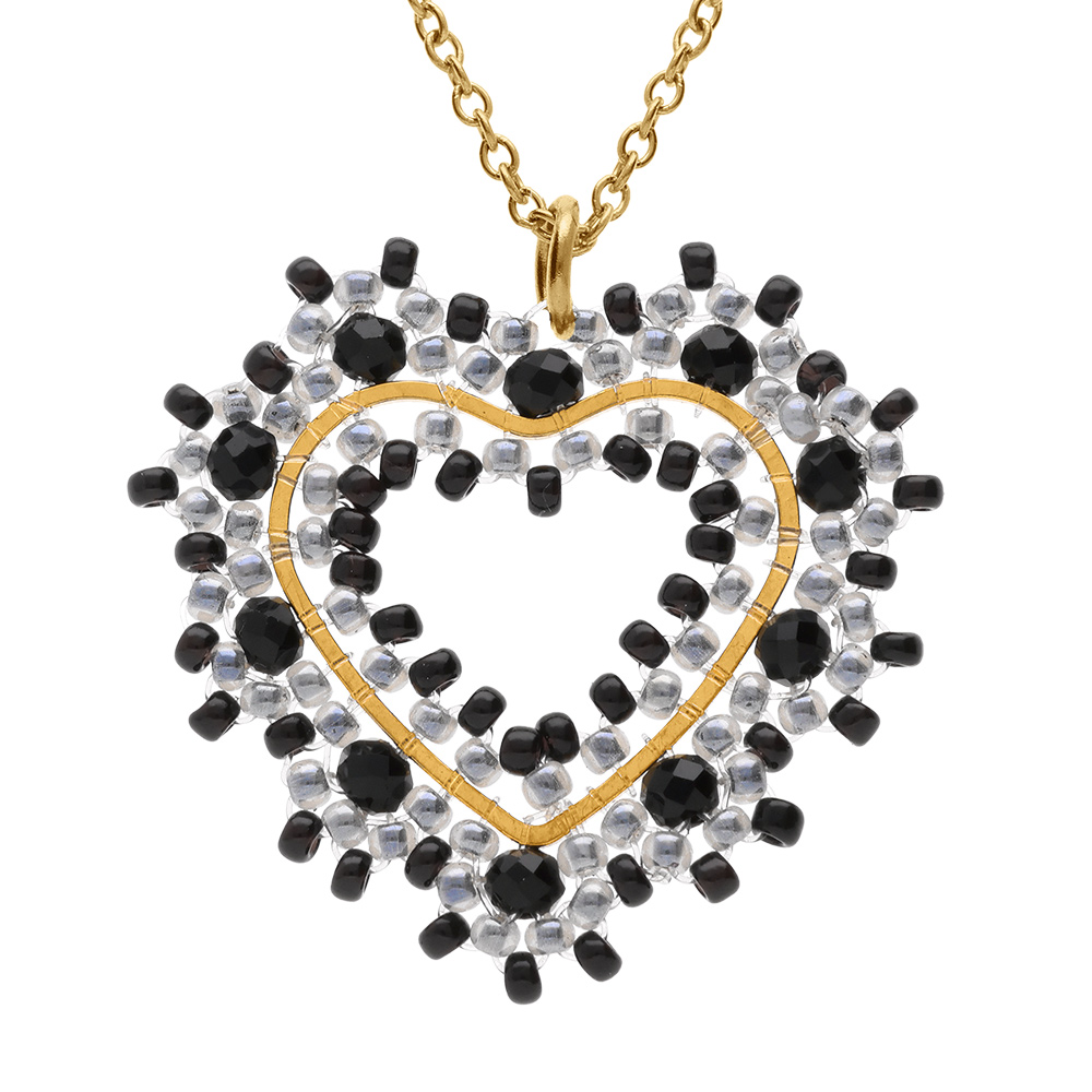 Collier en acier dor� pendentif forme coeur noir - 42+10cm - Vue 1