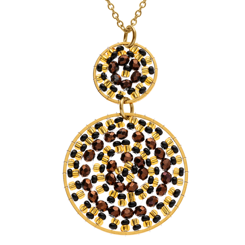 Collier en acier dor� pendentif forme deux ronds couleur chocolat - 42+10cm - Vue 1