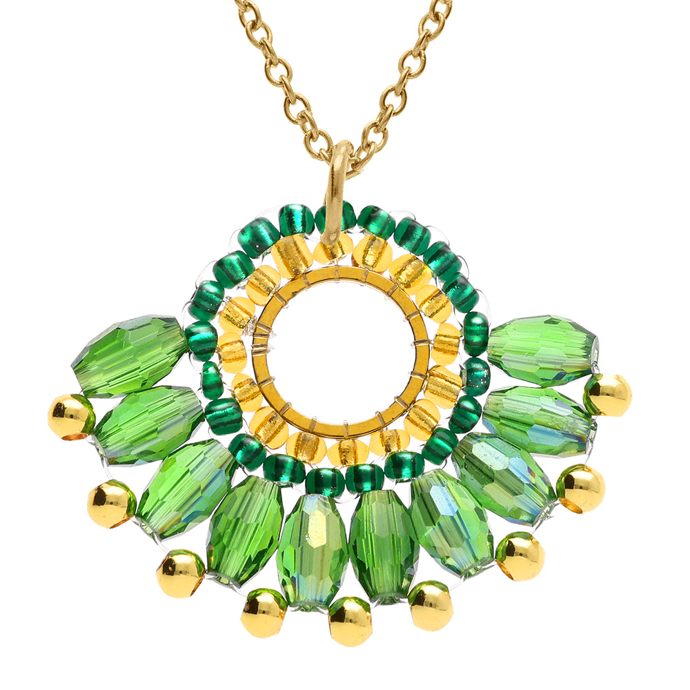 Collier en acier dor� pendentif forme eventail vert - 42+10cm - Vue 1