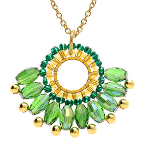 Collier en acier dor� pendentif forme eventail vert - 42+10cm